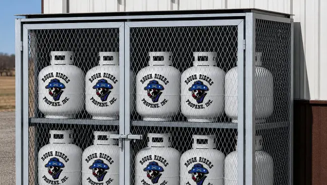 commercial-propane-tanks a photo of a large cage with propane canisters inside with the Rough Riders logo
